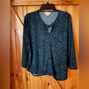 Liz Claiborne Abstract Print Tie-Neck Blouse Blue Black Size XL